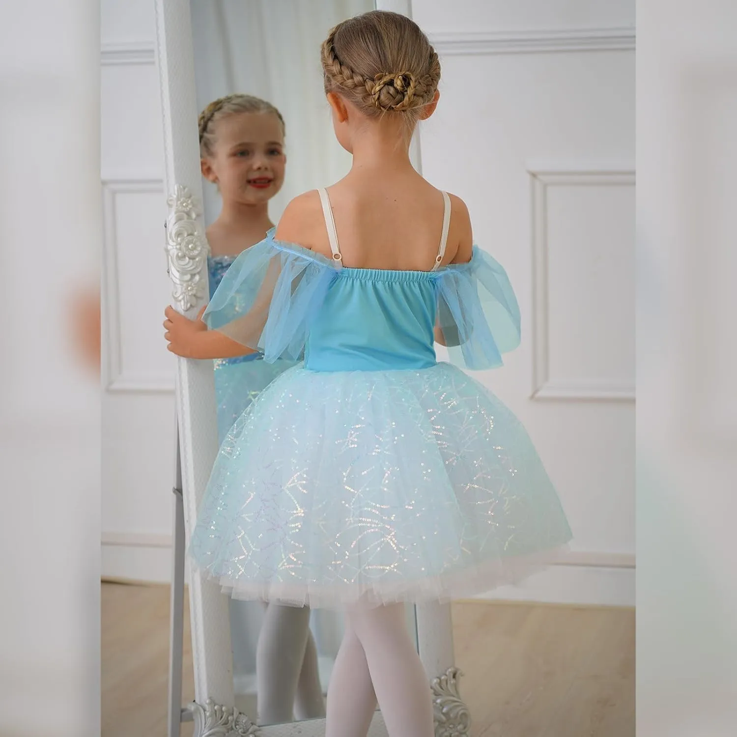 Toddler Ballet Leotards for Girls Glitter Tulle Skirt 2PCS Ruffle Sleeve Tutu Dresses with Hair Clip One Piece Outfits