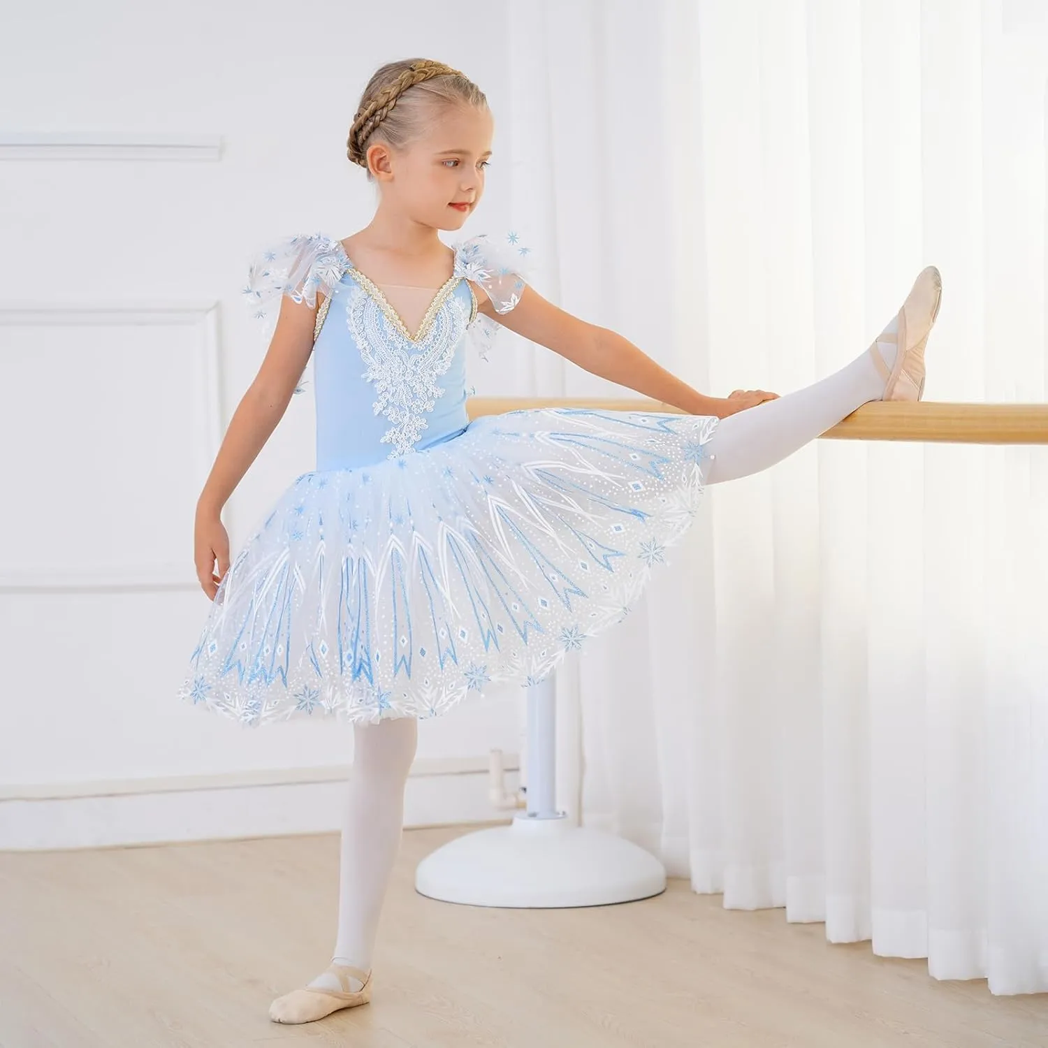 Toddler Ballet Leotards for Girls Glitter Tulle Skirt 2PCS Ruffle Sleeve Tutu Dresses with Hair Clip One Piece Outfits