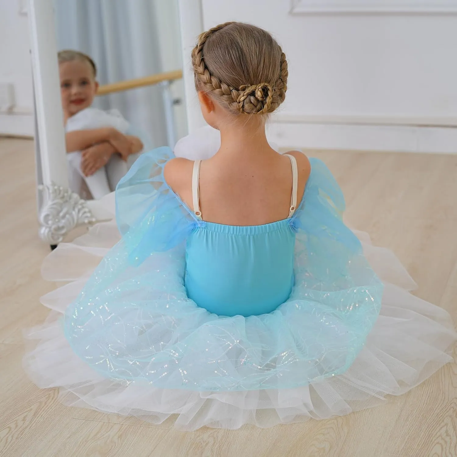 Toddler Ballet Leotards for Girls Glitter Tulle Skirt 2PCS Ruffle Sleeve Tutu Dresses with Hair Clip One Piece Outfits