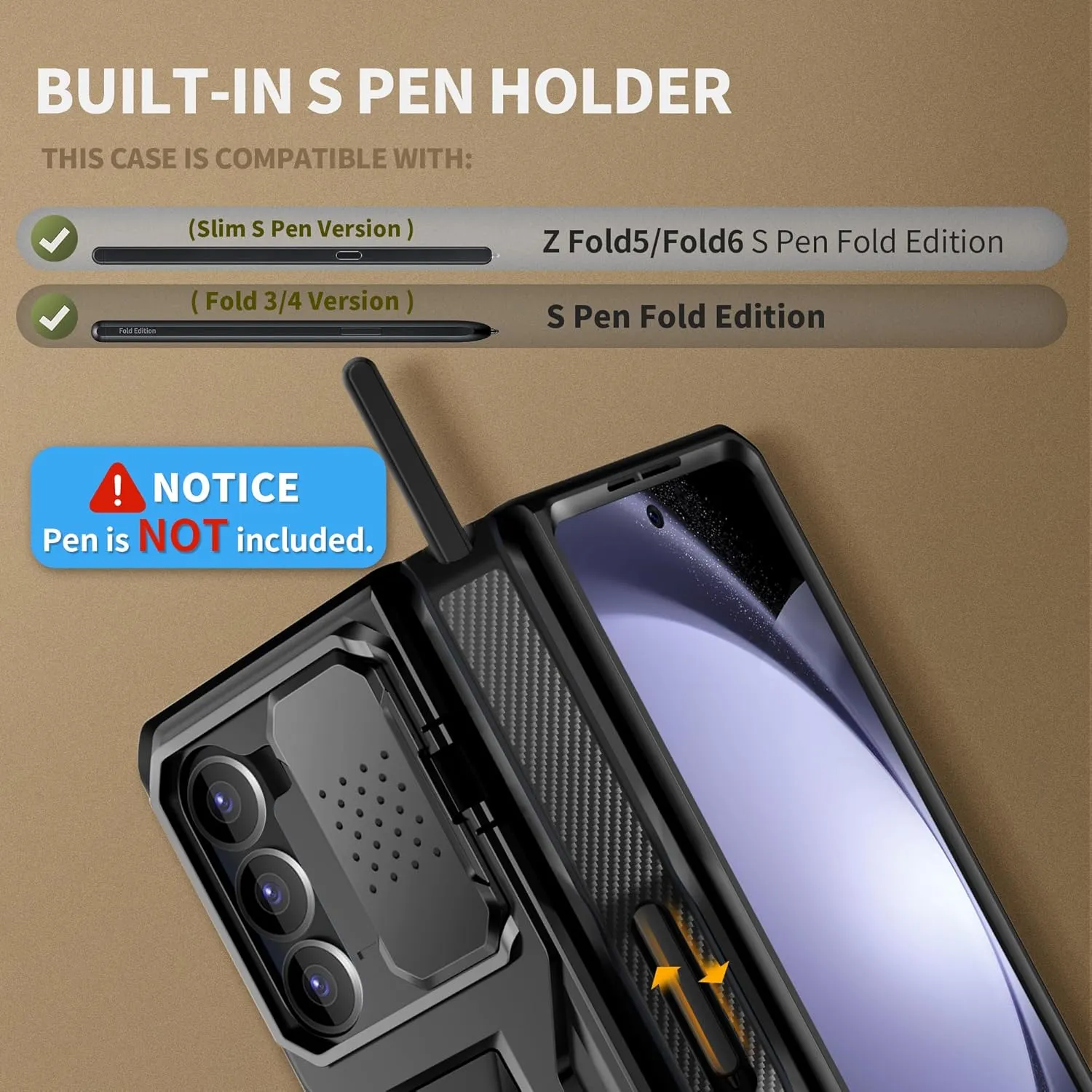 TONGATE for Z Fold 5 Case, [with S Pen Holder & Hinge Protection] [Glass Screen Protector & Slide Camera Cover] Military Drop Phone Case for Samsung Galaxy Z Fold 5 Cases with Stand & Belt Clip, Black