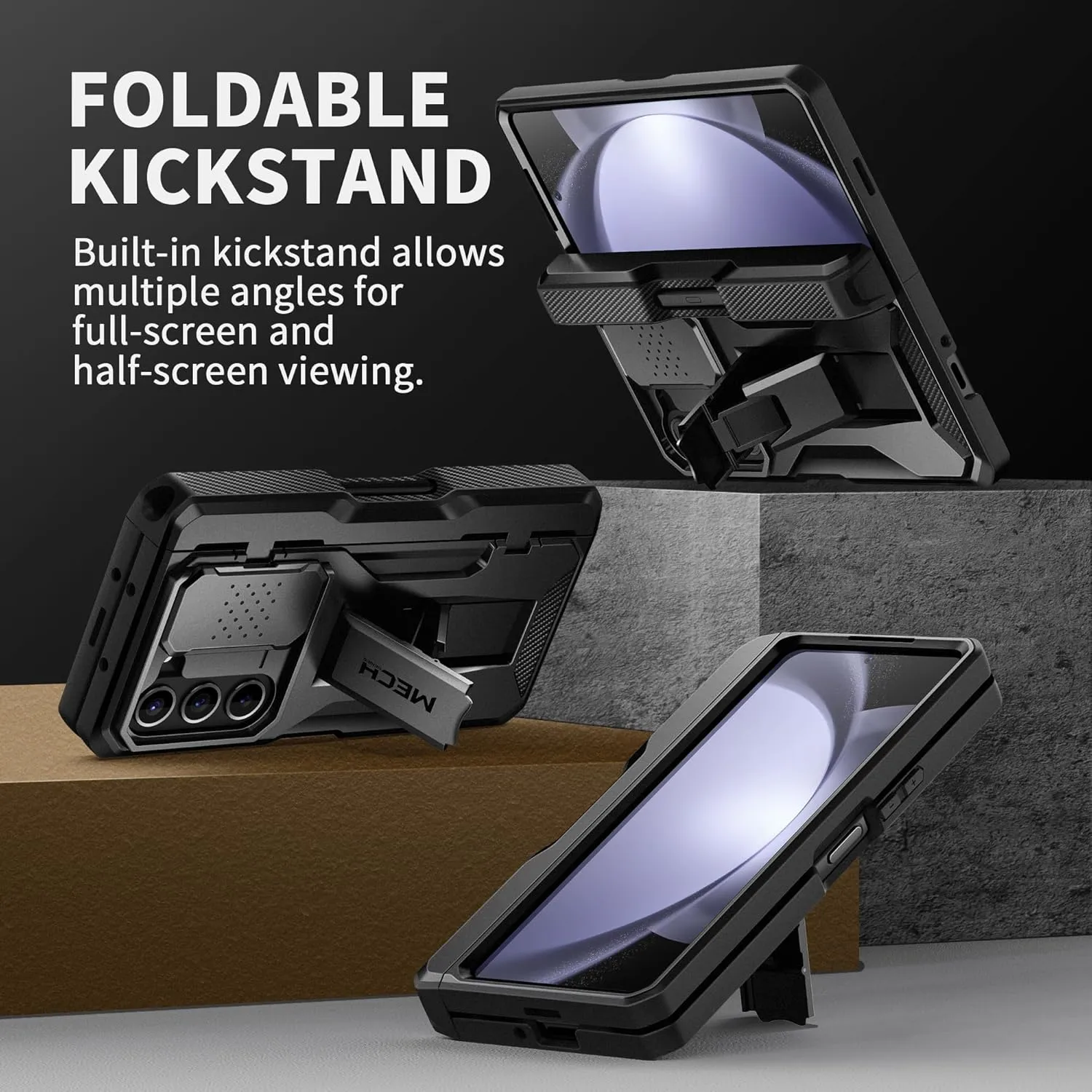 TONGATE for Z Fold 5 Case, [with S Pen Holder & Hinge Protection] [Glass Screen Protector & Slide Camera Cover] Military Drop Phone Case for Samsung Galaxy Z Fold 5 Cases with Stand & Belt Clip, Black