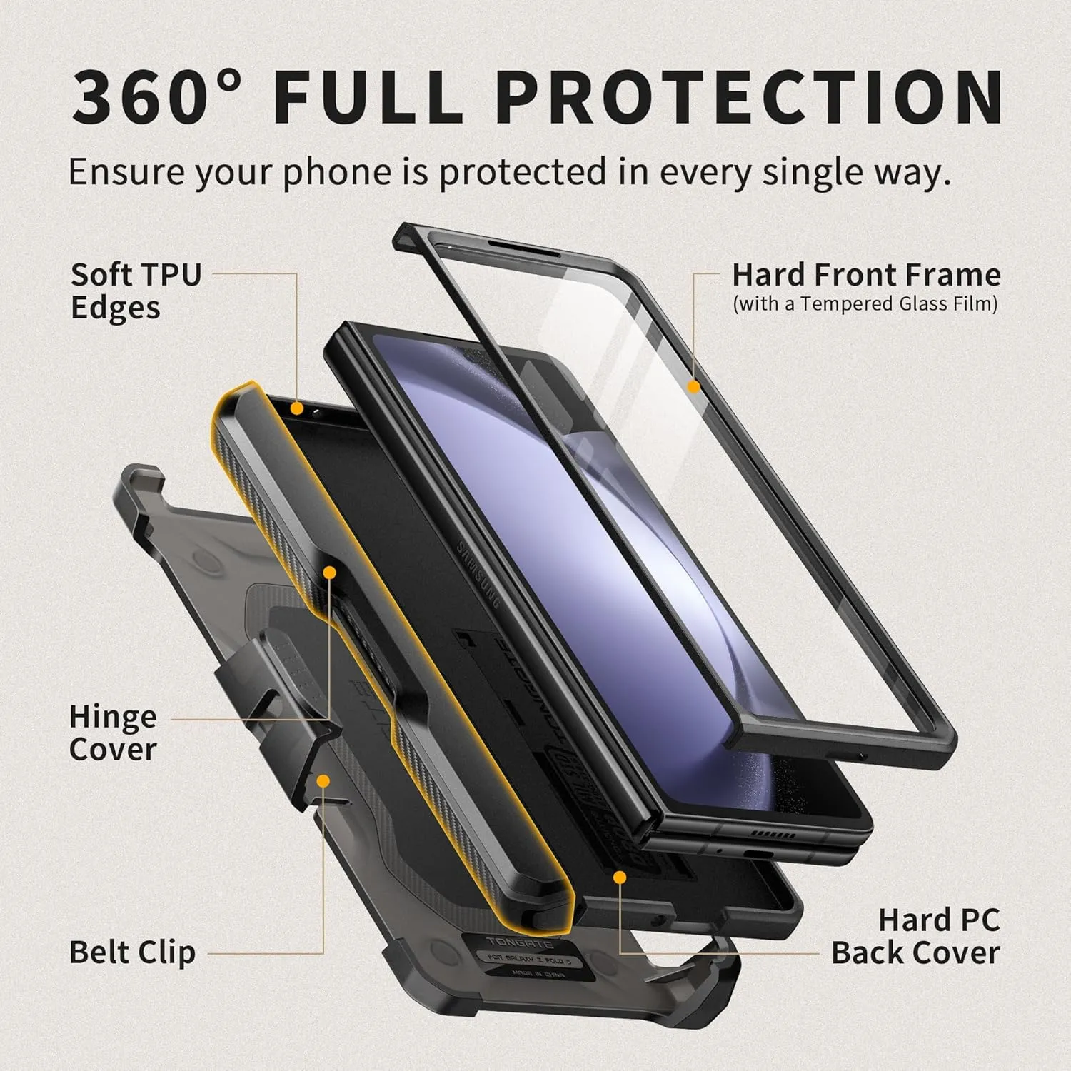 TONGATE for Z Fold 5 Case, [with S Pen Holder & Hinge Protection] [Glass Screen Protector & Slide Camera Cover] Military Drop Phone Case for Samsung Galaxy Z Fold 5 Cases with Stand & Belt Clip, Black