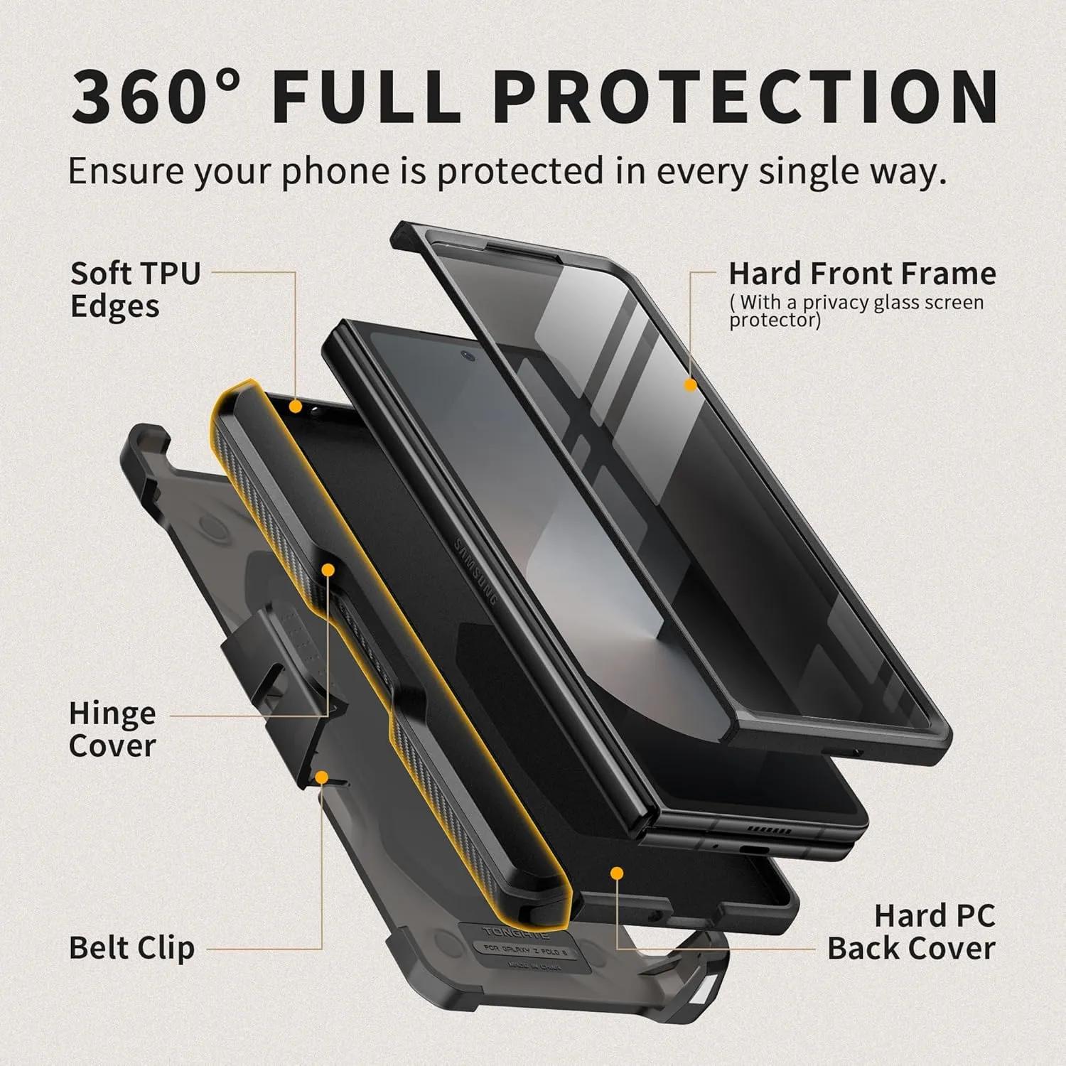 TONGATE for Z Fold 6 Case with Ring Stand, Built-in S Pen Holder & Glass Screen Protector Shockproof Rugged Z6 Phone Case with Slide Camera Cover & Belt Clip for Samsung Galaxy Z Fold 6 2024, Black
