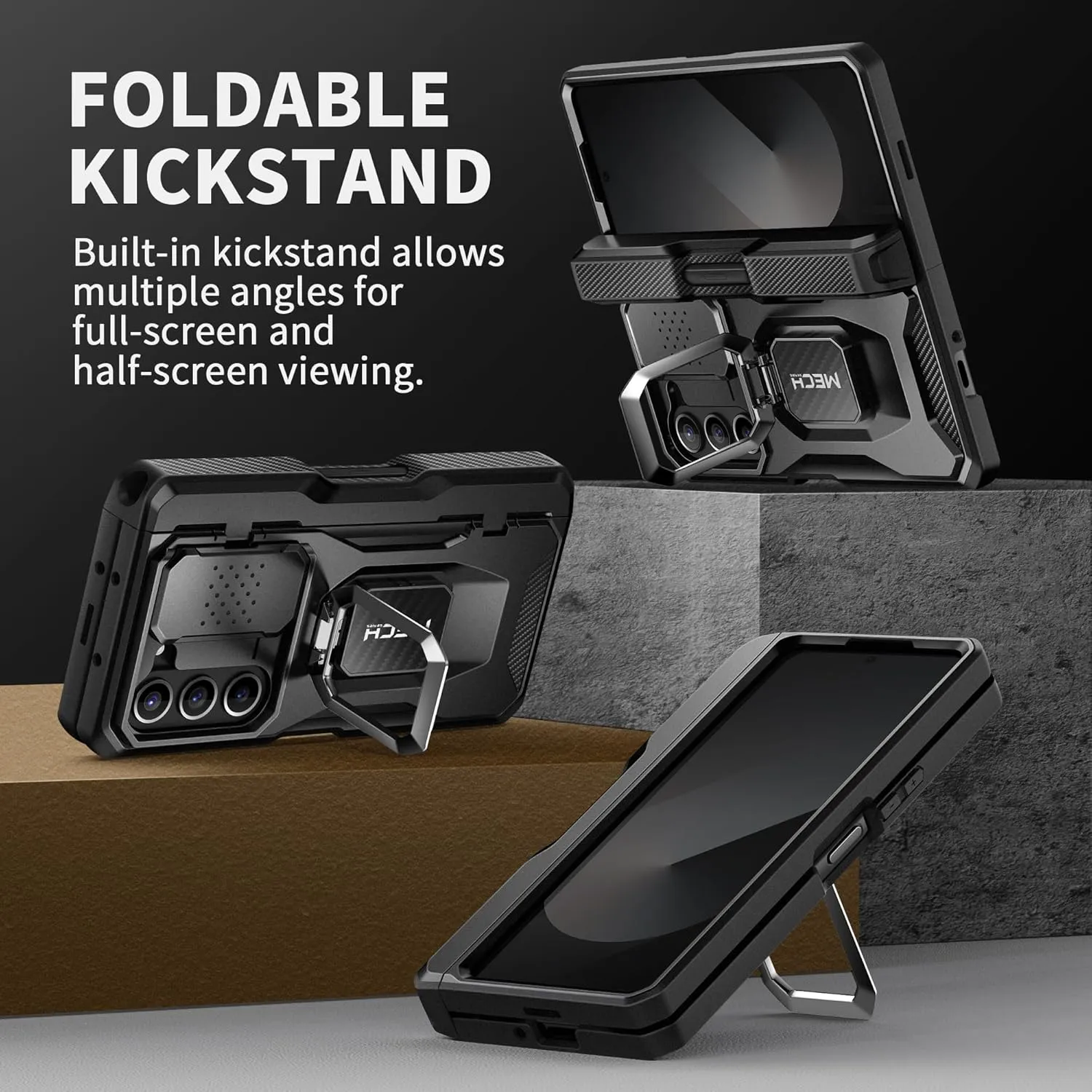TONGATE for Z Fold 6 Case with Ring Stand, Built-in S Pen Holder & Glass Screen Protector Shockproof Rugged Z6 Phone Case with Slide Camera Cover & Belt Clip for Samsung Galaxy Z Fold 6 2024, Black