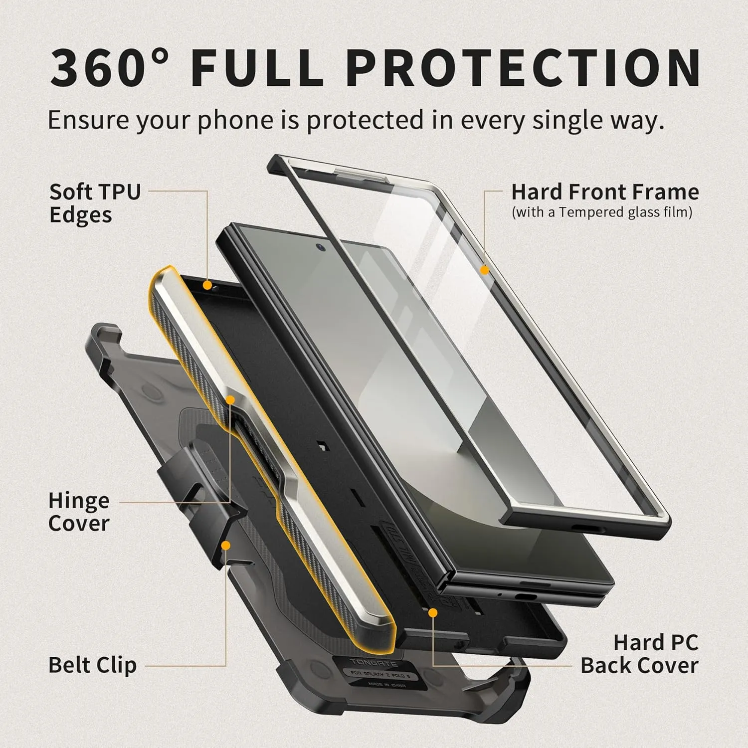 TONGATE for Z Fold 6 Case, [with S Pen Slot & Hinge Protection] [Tempered Glass Screen Protector] Full-Body Military Drop Phone Case for Samsung Galaxy Z Fold 6 with Kickstand & Belt Clip, Gray