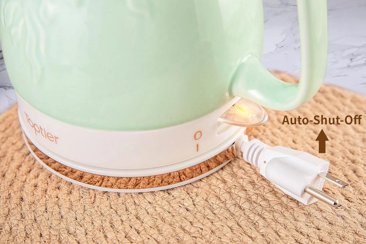 Toptier Electric Ceramic Tea Kettle, Boil Water Quickly and Easily, Detachable Swivel Base & Boil Dry Protection, Carefree Auto Shut Off, 1 L, Green Leaf
