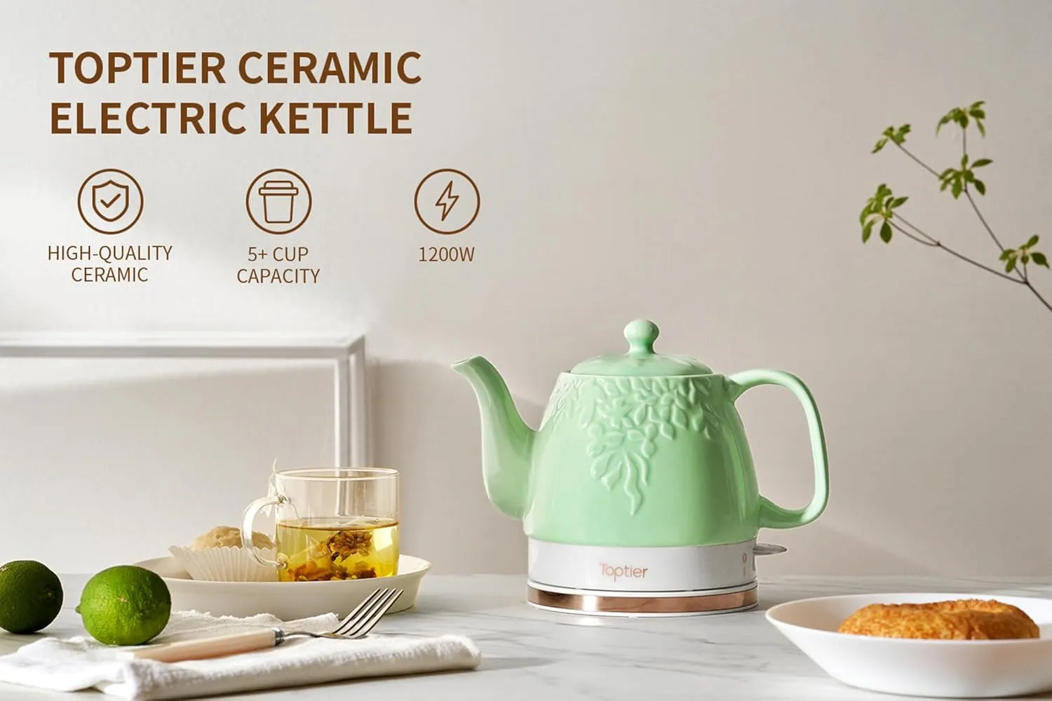 Toptier Electric Ceramic Tea Kettle, Boil Water Quickly and Easily, Detachable Swivel Base & Boil Dry Protection, Carefree Auto Shut Off, 1 L, Green Leaf