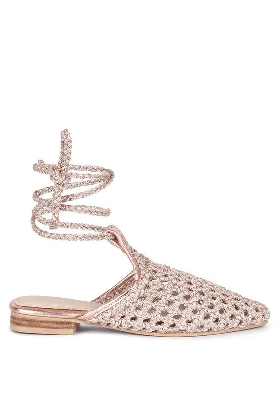 TUTSI Handwoven Honeycomb Cotton Tie Up Mule Flats