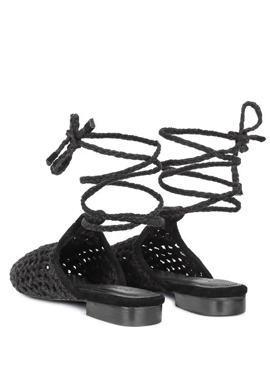 TUTSI Handwoven Honeycomb Cotton Tie Up Mule Flats