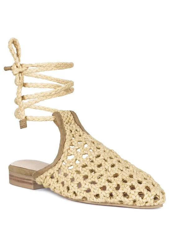 TUTSI Handwoven Honeycomb Cotton Tie Up Mule Flats