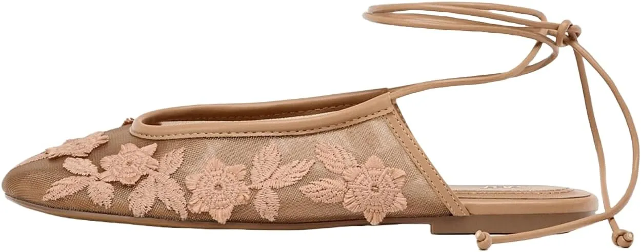 UFEDO Lace Up Mesh Ballet Flat for Women Summer Slingback Ballerina Shoes Embroidered Floral Mary Jane