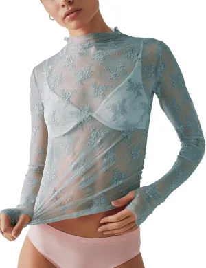 Ugerlov Women's Long Sleeve Mesh Top Mock Neck Sheer Blouse See Through Floral Lace Tops