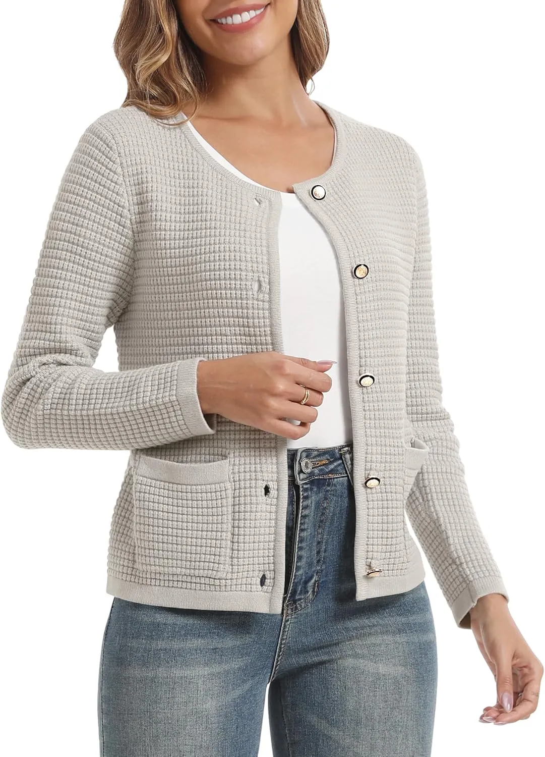 Urban CoCo Women's Open Front Cropped Cardigan Sweaters for Women Trendy Crewneck Button Down Knit Sweater Jacket
