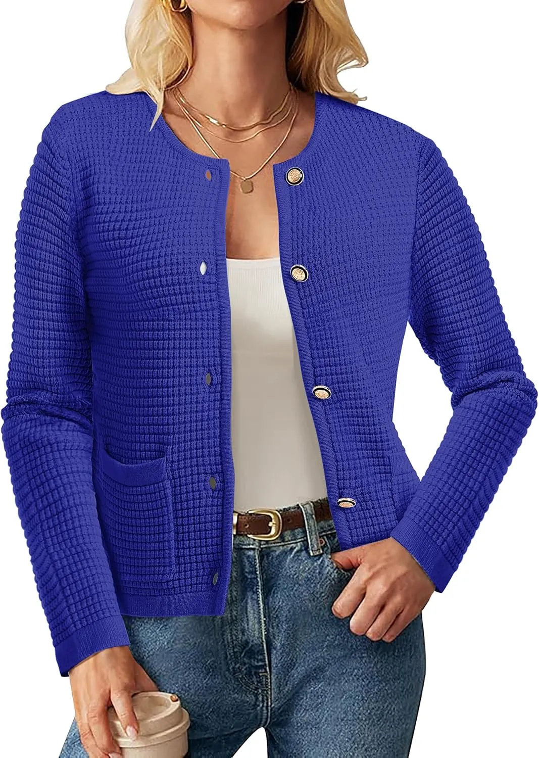 Urban CoCo Women's Open Front Cropped Cardigan Sweaters for Women Trendy Crewneck Button Down Knit Sweater Jacket
