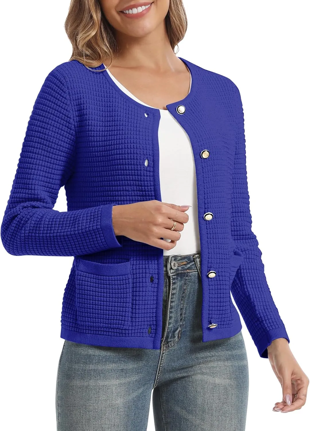 Urban CoCo Women's Open Front Cropped Cardigan Sweaters for Women Trendy Crewneck Button Down Knit Sweater Jacket