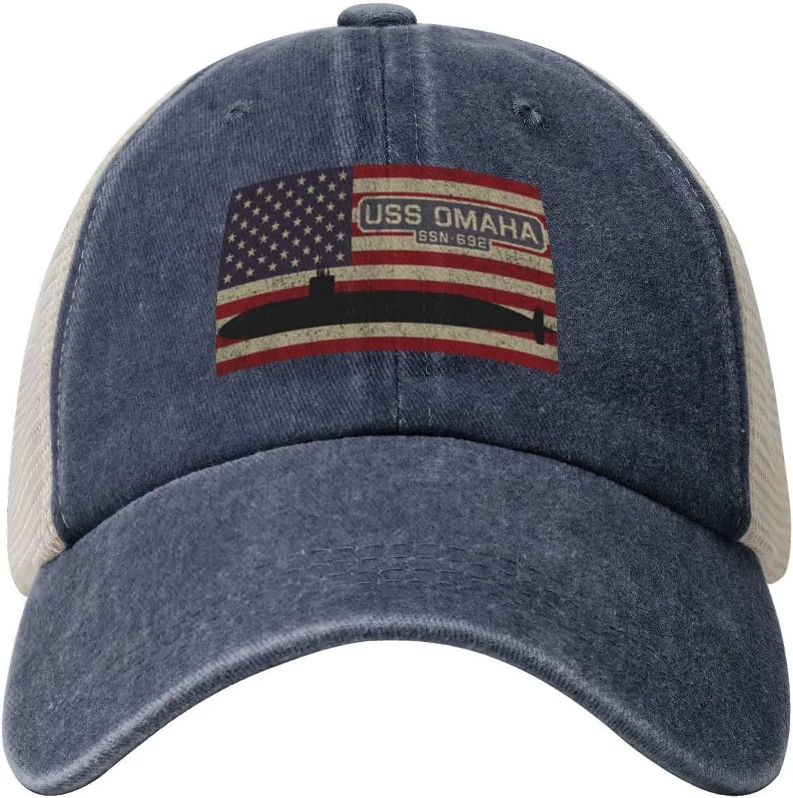 USS Omaha Ssn-692 Washed Denim Mesh Baseball Cap Unsiex Adjustable Fashion Outdoor Sandwich Hat