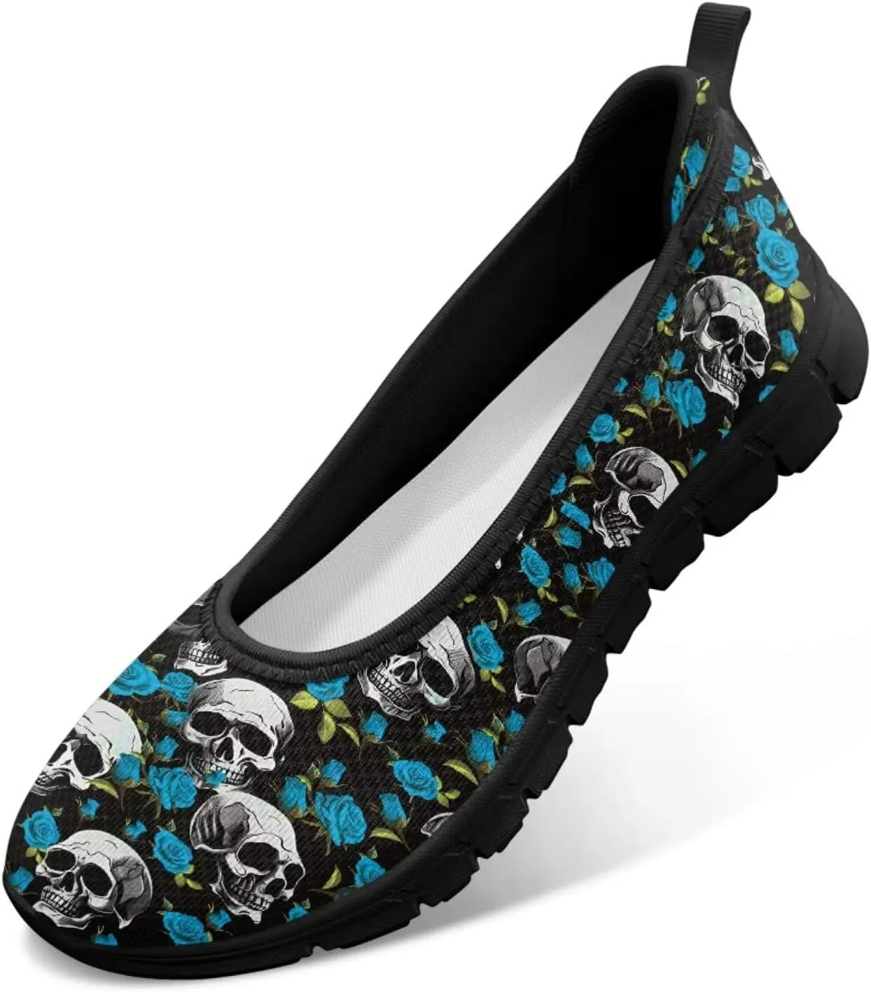Various Creative Skull Print Walking Shoes Women Lightweight Slip On Ballet Flats Fit Comfort Mesh Casual Sneakers Work & Travel