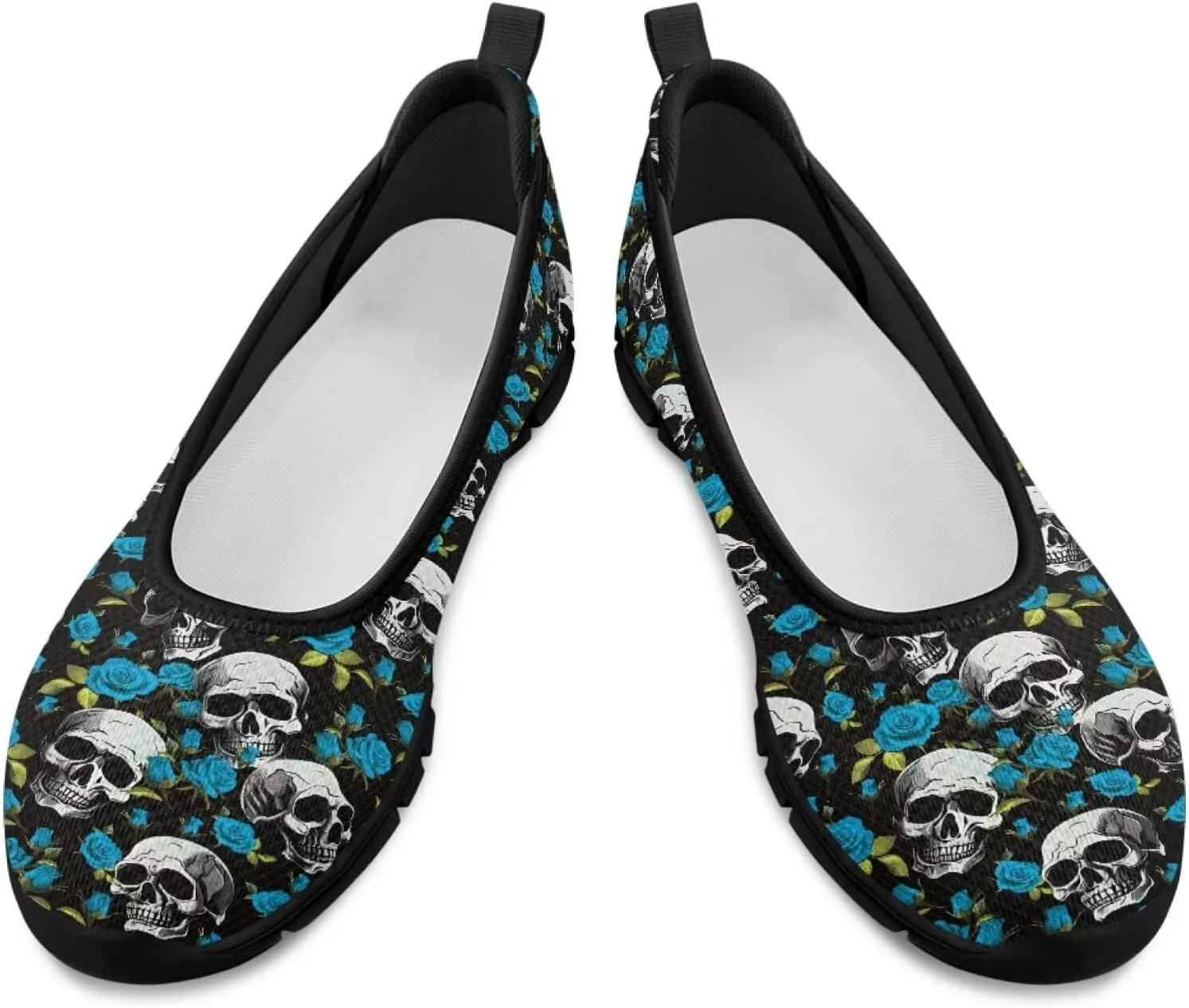 Various Creative Skull Print Walking Shoes Women Lightweight Slip On Ballet Flats Fit Comfort Mesh Casual Sneakers Work & Travel