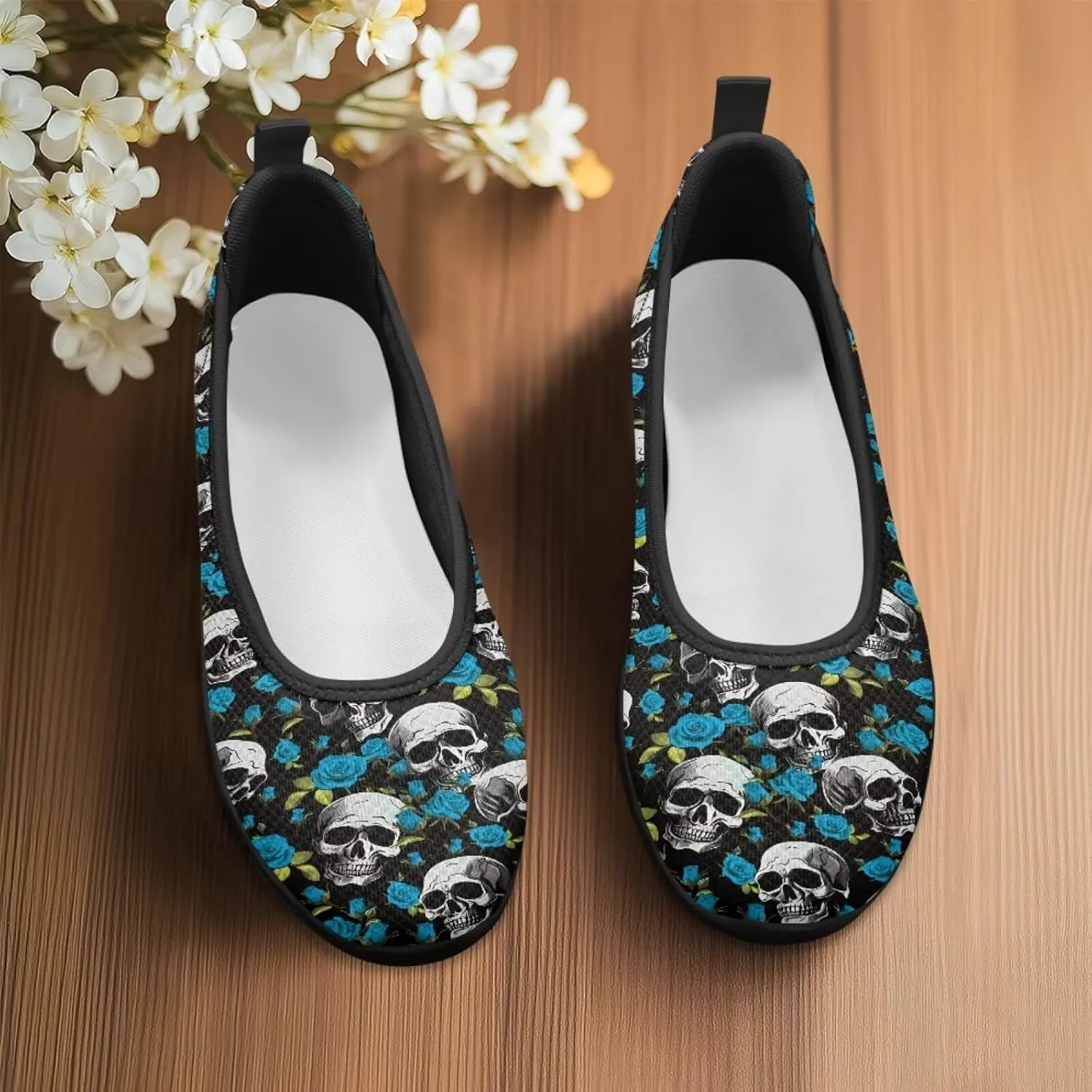 Various Creative Skull Print Walking Shoes Women Lightweight Slip On Ballet Flats Fit Comfort Mesh Casual Sneakers Work & Travel