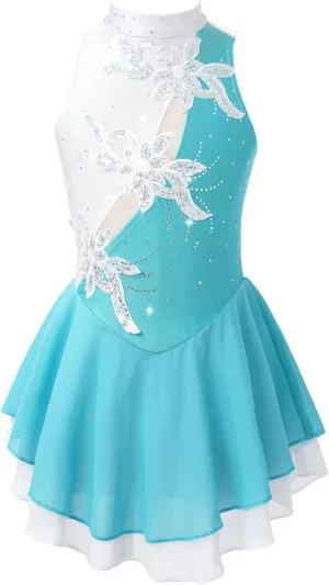 VernLan Girls Sequins Ballet Figure Ice Skating Dress Kids Sleeveless Floral Printed Tutu Skirted Leotard Dance Costume Lake Green&White 8 Years