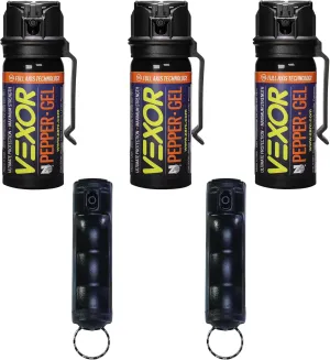Vexor Pepper Protection Bundle - 3 Full Axis Gel with Belt Clip, 18 Ft. Range   2 Pack Police Strength Flip-Top Spray, 20  Shots, 10-12 Ft. Range