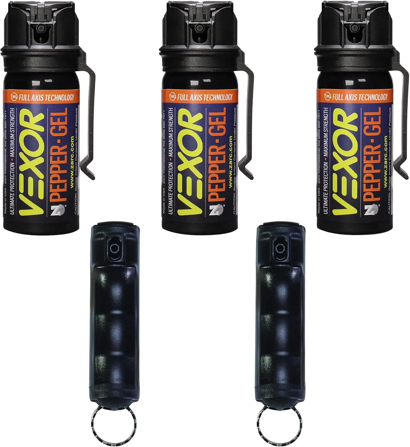 Vexor Pepper Protection Bundle - 3 Full Axis Gel with Belt Clip, 18 Ft. Range   2 Pack Police Strength Flip-Top Spray, 20  Shots, 10-12 Ft. Range
