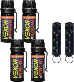 Vexor Pepper Protection Bundle - 4 Full Axis Gel with Belt Clip, 18 Ft. Range   2 Pack Police Strength Flip-Top Spray, 20  Shots, 10-12 Ft. Range