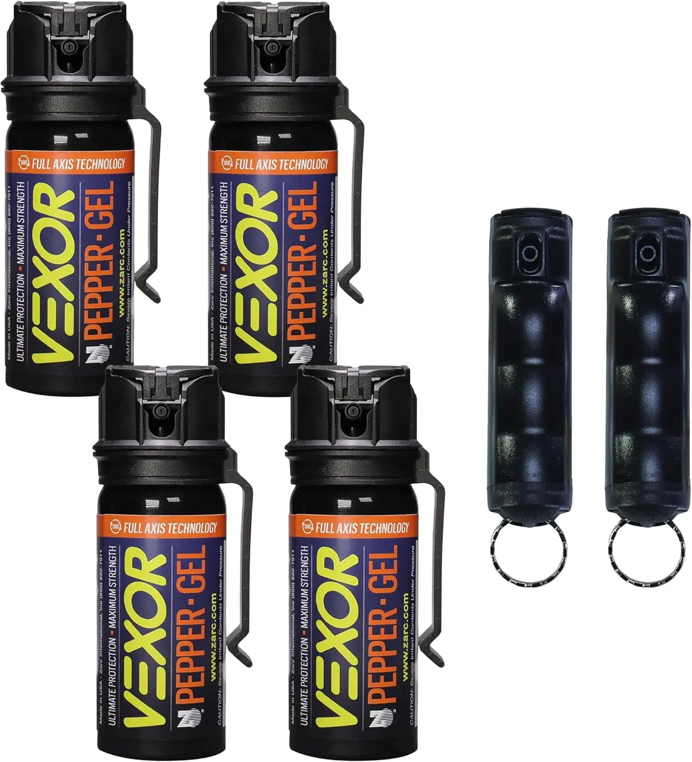Vexor Pepper Protection Bundle - 4 Full Axis Gel with Belt Clip, 18 Ft. Range   2 Pack Police Strength Flip-Top Spray, 20  Shots, 10-12 Ft. Range