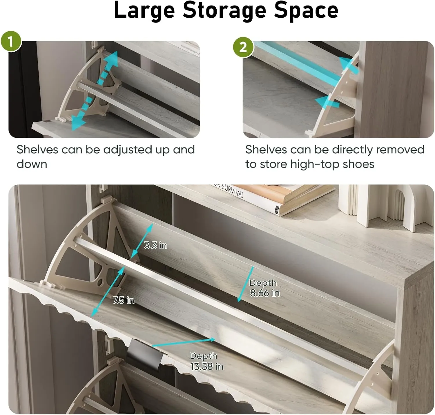 Vibe & Dine Shoe Cabinet with 2 Flip Drawers, Fluted Shoe Storage Cabinet for Entryway Slim, Free Standing Shoe Rack Organizer with Wave Doors for Hallway, Bedroom, Grey