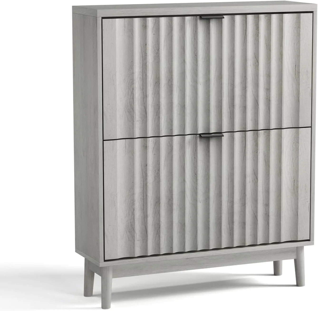 Vibe & Dine Shoe Cabinet with 2 Flip Drawers, Fluted Shoe Storage Cabinet for Entryway Slim, Free Standing Shoe Rack Organizer with Wave Doors for Hallway, Bedroom, Grey
