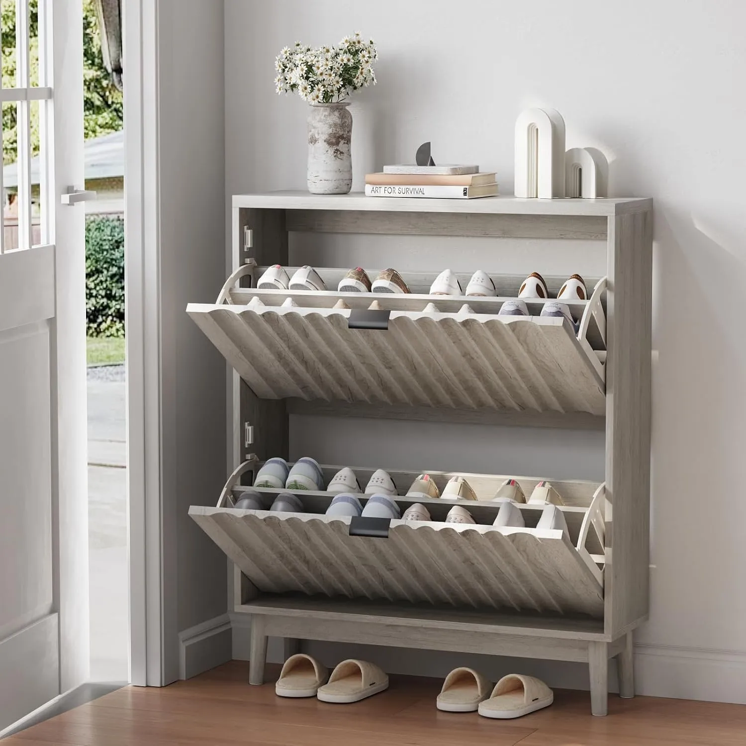 Vibe & Dine Shoe Cabinet with 2 Flip Drawers, Fluted Shoe Storage Cabinet for Entryway Slim, Free Standing Shoe Rack Organizer with Wave Doors for Hallway, Bedroom, Grey