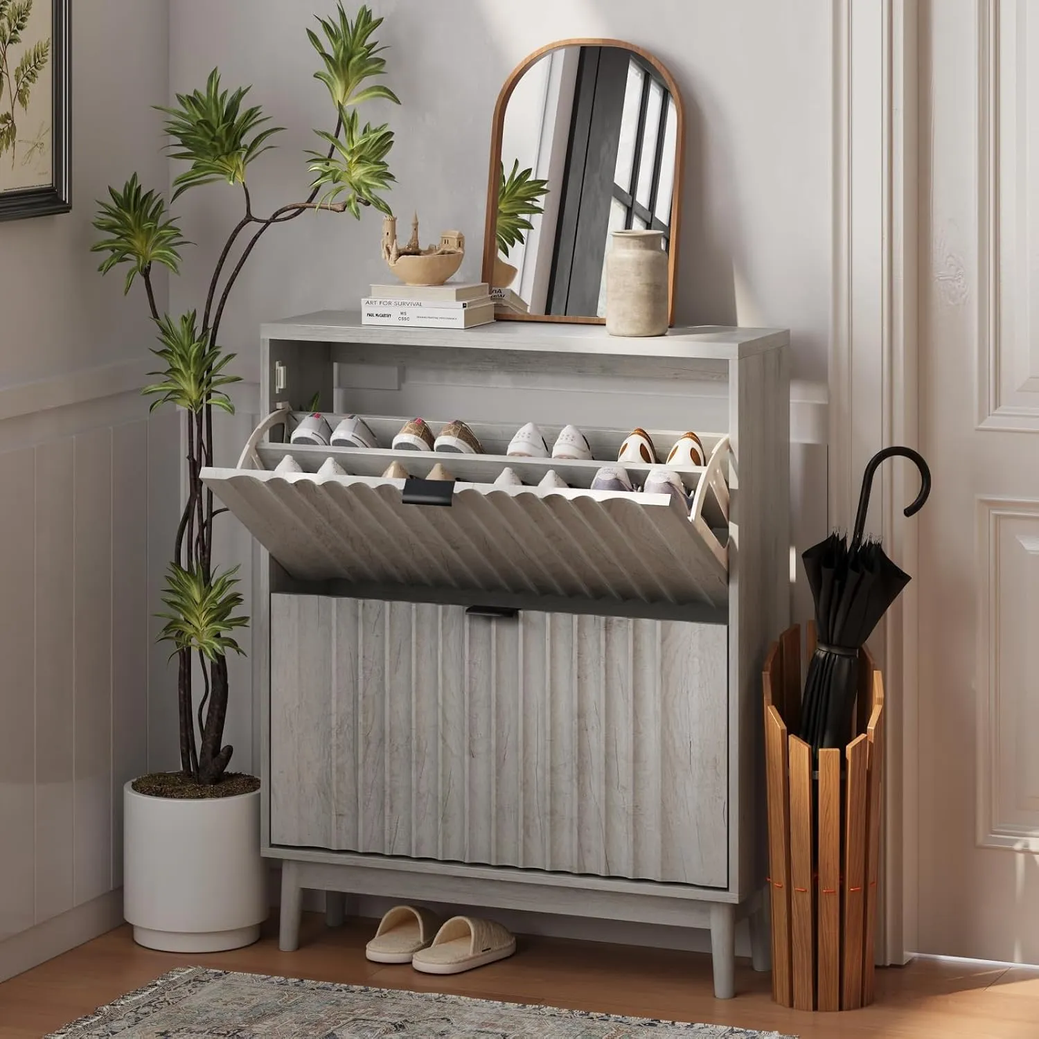 Vibe & Dine Shoe Cabinet with 2 Flip Drawers, Fluted Shoe Storage Cabinet for Entryway Slim, Free Standing Shoe Rack Organizer with Wave Doors for Hallway, Bedroom, Grey