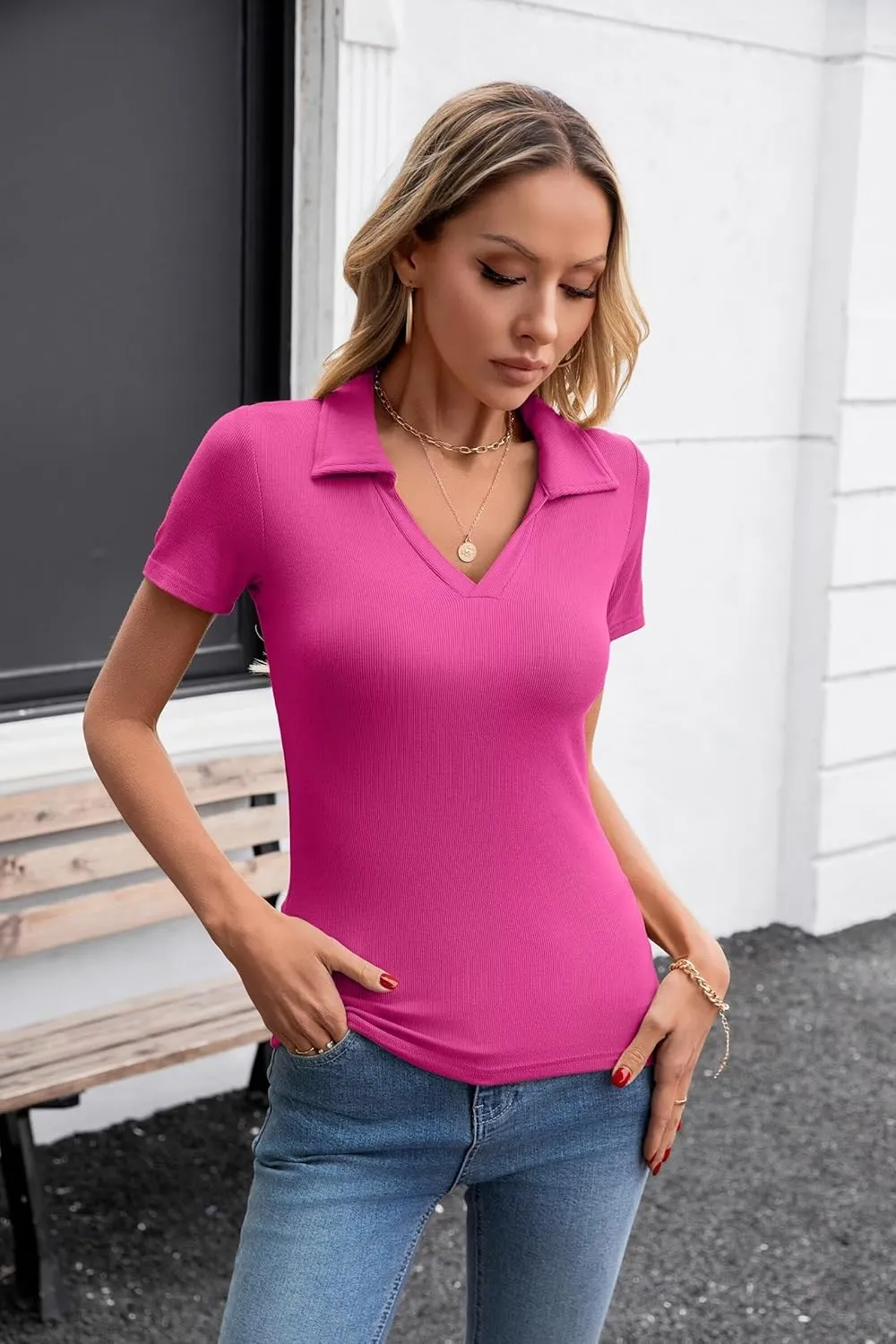 VICHYIE Womens Short Sleeve Shirts Lapel Collared V Neck Slim Fitted Ribbed Knit Tight Polo Tops