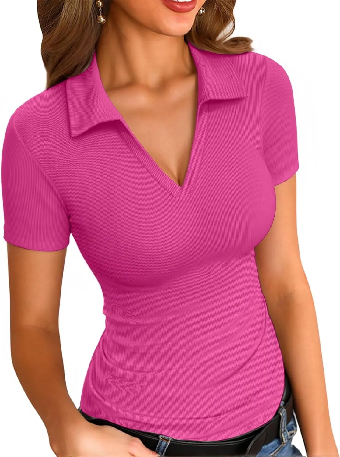 VICHYIE Womens Short Sleeve Shirts Lapel Collared V Neck Slim Fitted Ribbed Knit Tight Polo Tops