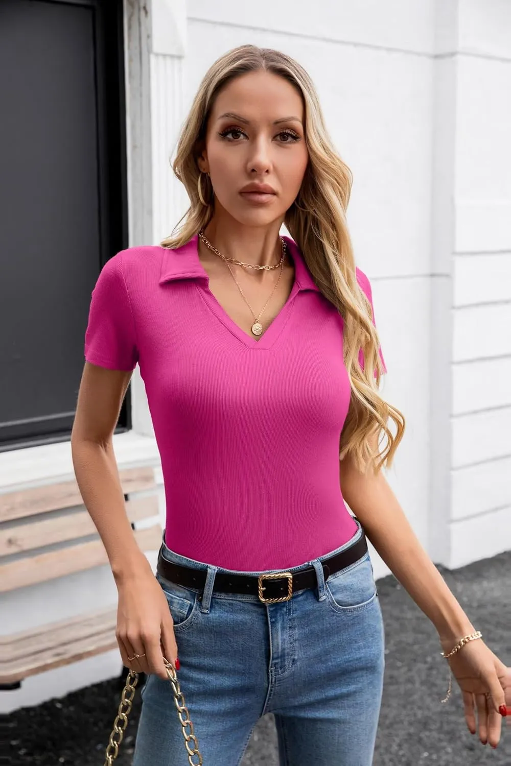 VICHYIE Womens Short Sleeve Shirts Lapel Collared V Neck Slim Fitted Ribbed Knit Tight Polo Tops
