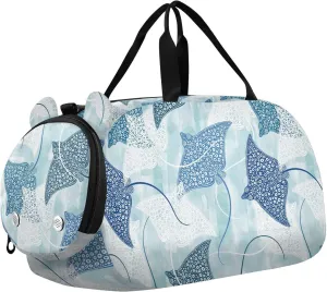 VIGTRO Stingrays on Blue Watercolor Kids Overnight Travel Duffel Bag Sport Gym Bag for Boys Girls with Shoe Compartment, Carry On Weekender Luggage Bag for Dance Swim Yoga