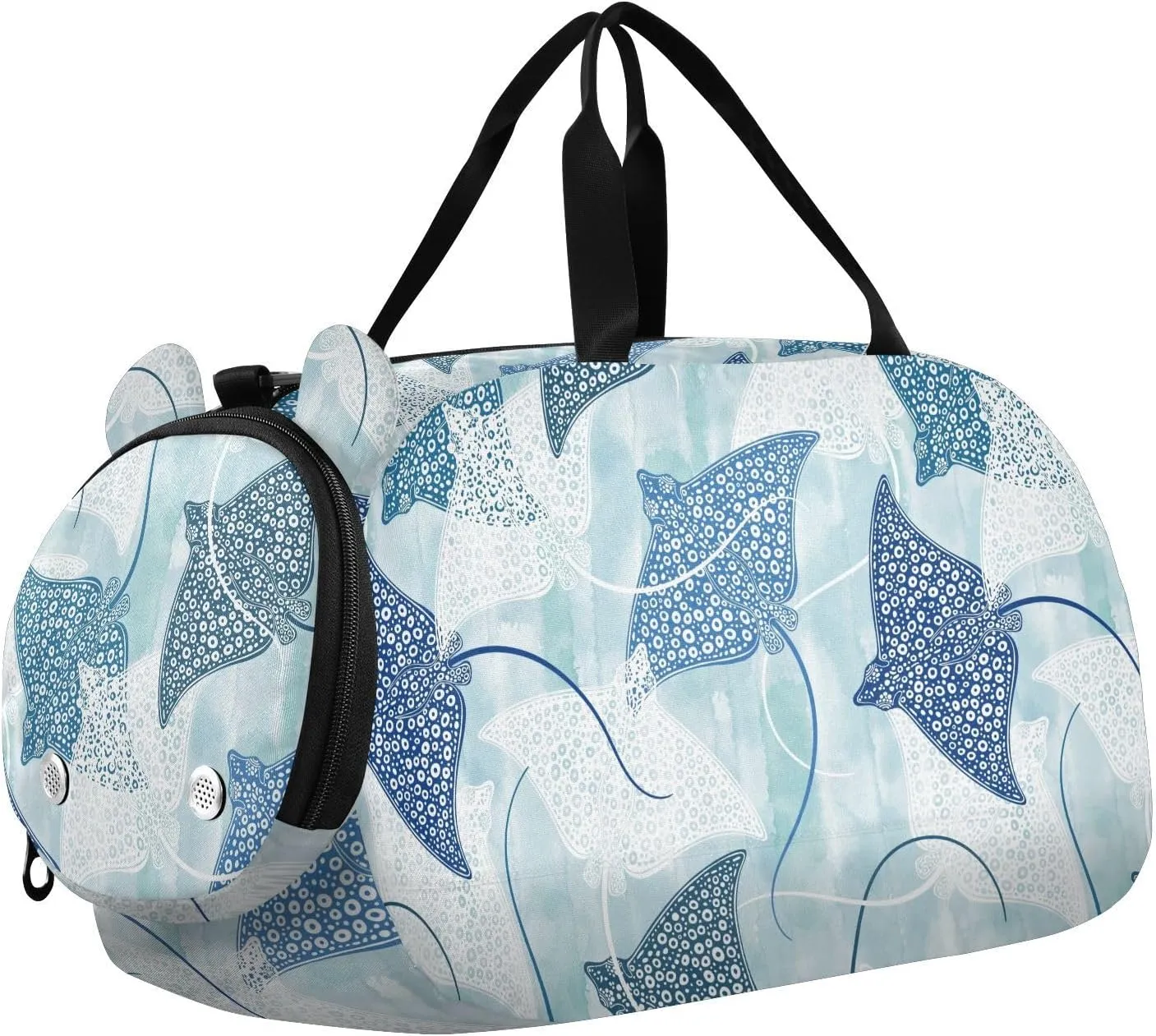 VIGTRO Stingrays on Blue Watercolor Kids Overnight Travel Duffel Bag Sport Gym Bag for Boys Girls with Shoe Compartment, Carry On Weekender Luggage Bag for Dance Swim Yoga
