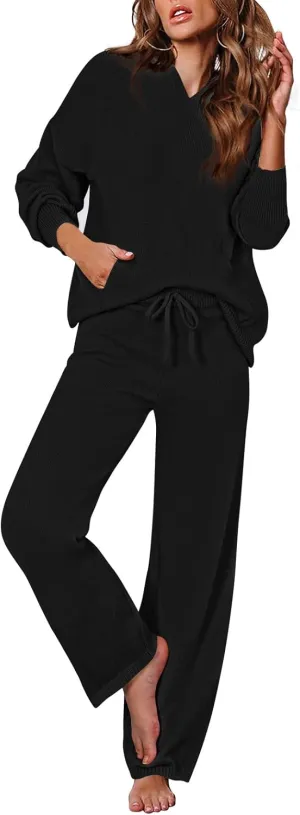 Viottiset Women's 2 Piece Outfits Sweater Set Long Sleeve Hoodies With Pocket Wide Leg Pants Lounge Sets Tracksuit