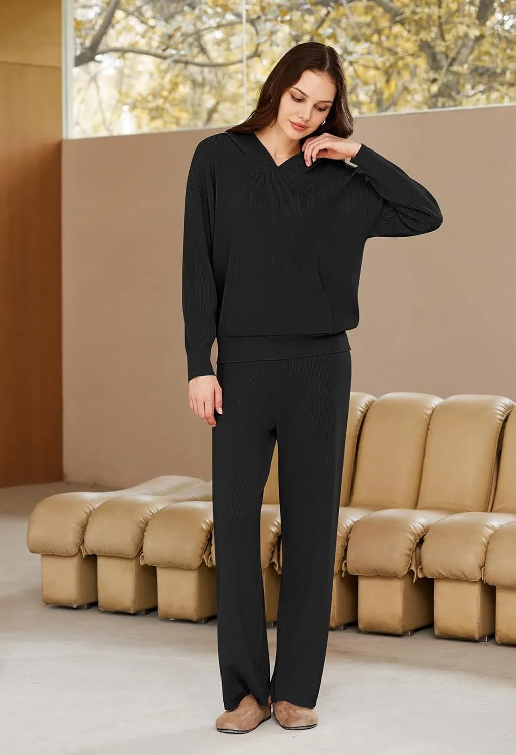 Viottiset Women's 2 Piece Outfits Sweater Set Long Sleeve Hoodies With Pocket Wide Leg Pants Lounge Sets Tracksuit