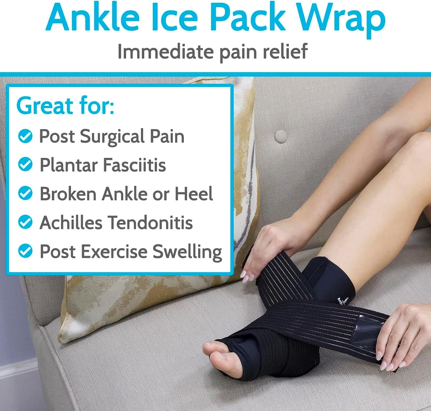 Vive Arctic Flex Ankle Ice Pack Wrap for Swelling - Adjustable Hot & Cold Gel Compression for Foot & Heel Injuries Reusable, Pain Relief, Reusable Cooling Therapy
