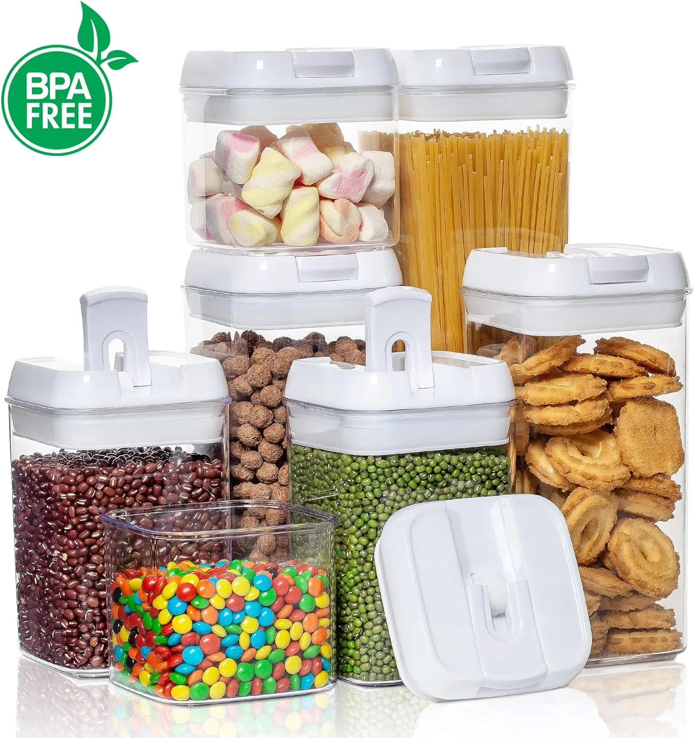 Vtopmart Airtight Food Storage Containers, 7 Pieces BPA Free Plastic Cereal Organizer Canisters with Easy Lock Lids, for Kitchen Pantry Organization, 24 Labels, White