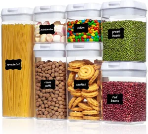 Vtopmart Airtight Food Storage Containers, 7 Pieces BPA Free Plastic Cereal Organizer Canisters with Easy Lock Lids, for Kitchen Pantry Organization, 24 Labels, White