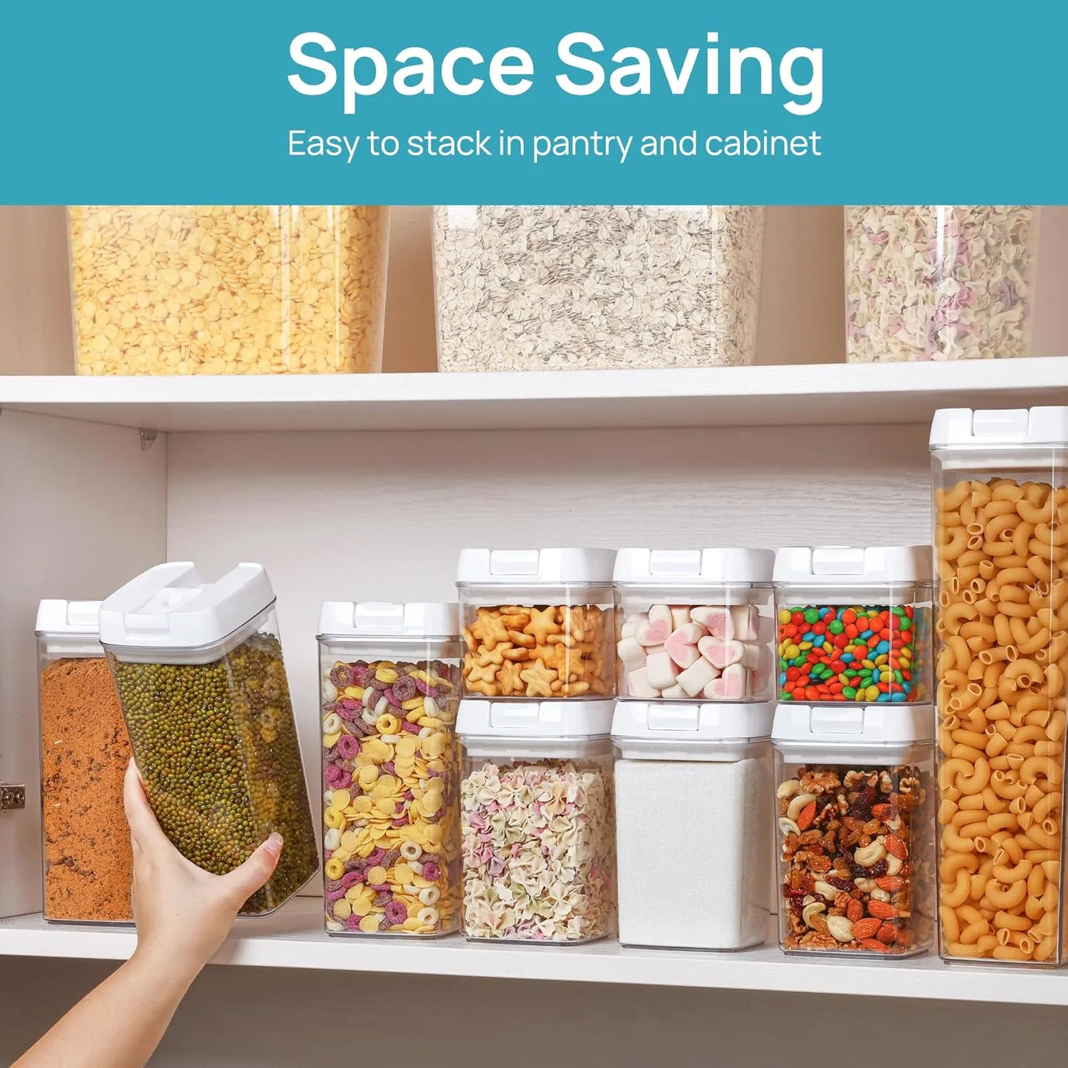 Vtopmart Airtight Food Storage Containers, 7 Pieces BPA Free Plastic Cereal Organizer Canisters with Easy Lock Lids, for Kitchen Pantry Organization, 24 Labels, White