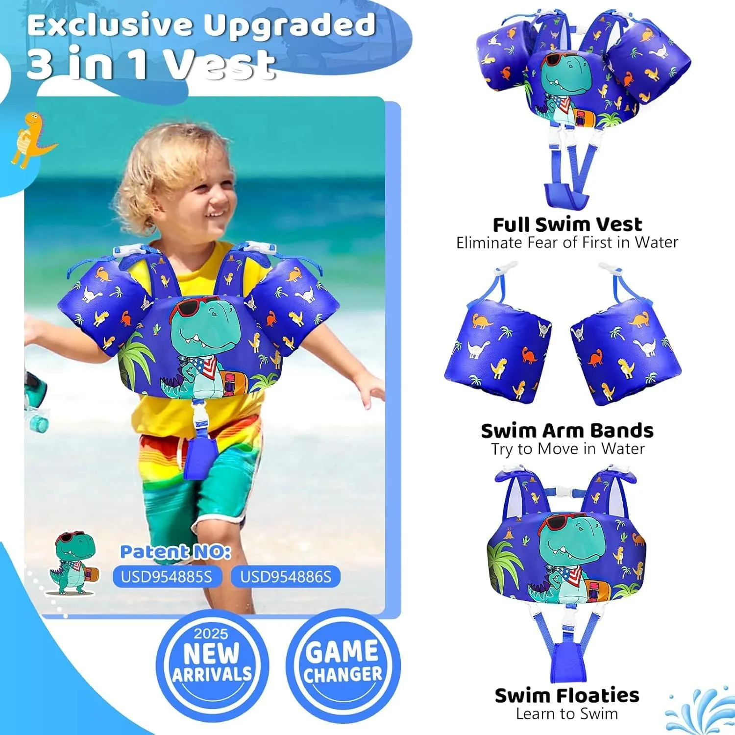 Vvinca Separable Toddler Swim Vest Fit 22-66 Lbs（1-6 Years）|2025 Newest 3 in 1 Pool Float & Arm Bands Boys and Girls, Adjustable Sturdy Safety for Infant 1 2 3 4 5 6 Year