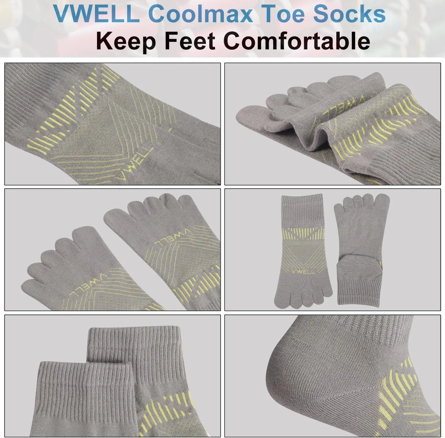 VWELL Toe Socks for Men and Women COOLMAX Five Finger Socks Athletic Running Socks Quarter Ankle Toe Socks (3Pairs)