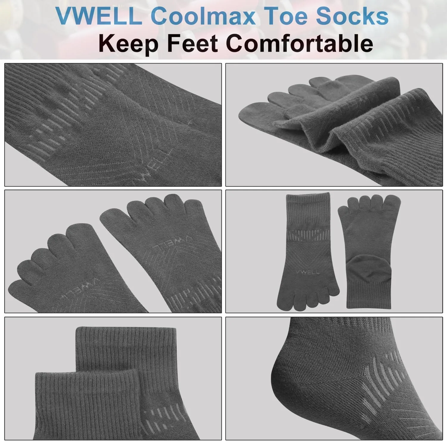 VWELL Toe Socks for Men and Women COOLMAX Five Finger Socks Athletic Running Socks Quarter Ankle Toe Socks (3Pairs)