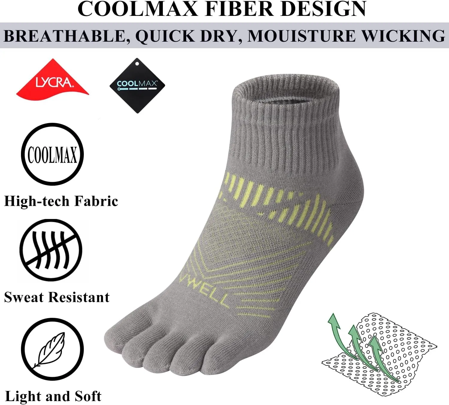 VWELL Toe Socks for Men and Women COOLMAX Five Finger Socks Athletic Running Socks Quarter Ankle Toe Socks (3Pairs)