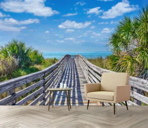 Wall Mural Wooden Boardwalk to Beach Surrounded by Palm Trees Florida Silk Removable Wallpaper 3D Large Wall Mural Sticker Home Decor for Living Room Bedroom 69"x96" (Not Self-Adhesive)