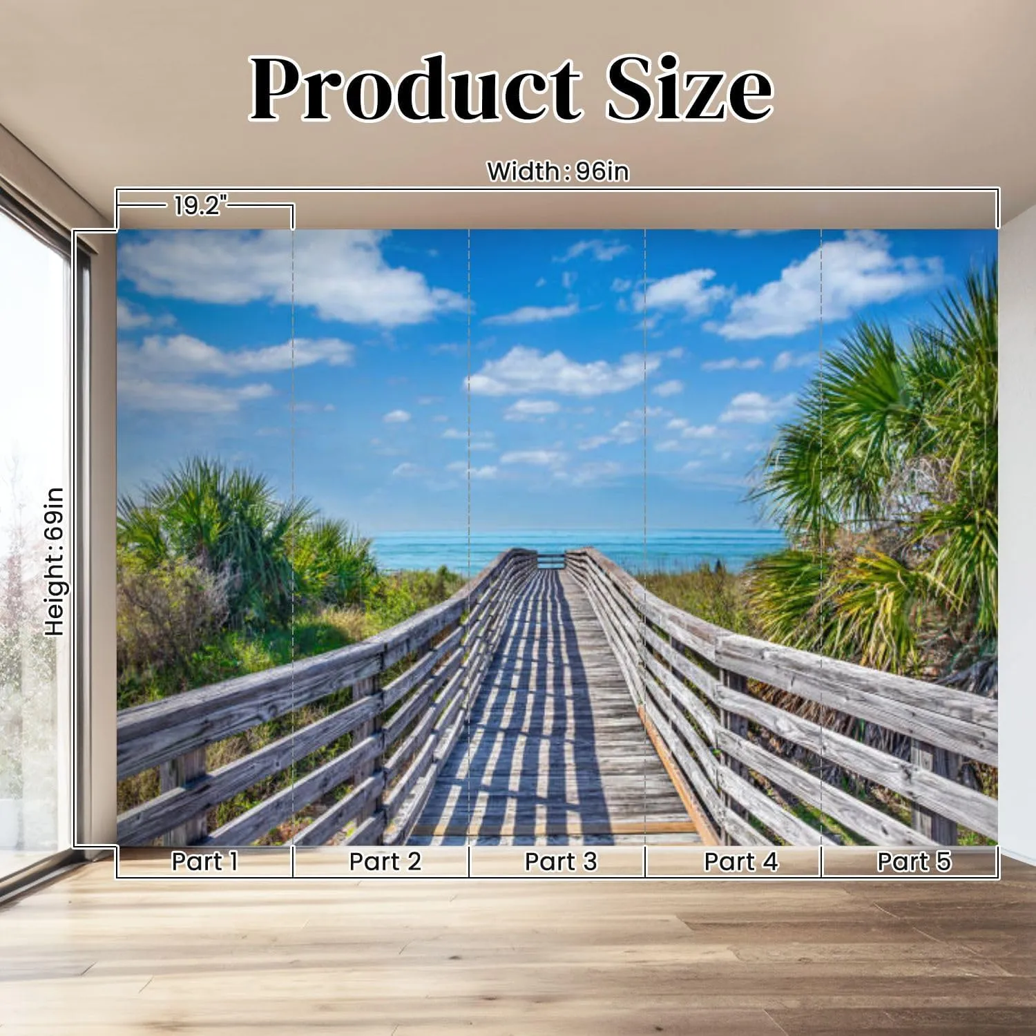 Wall Mural Wooden Boardwalk to Beach Surrounded by Palm Trees Florida Silk Removable Wallpaper 3D Large Wall Mural Sticker Home Decor for Living Room Bedroom 69"x96" (Not Self-Adhesive)