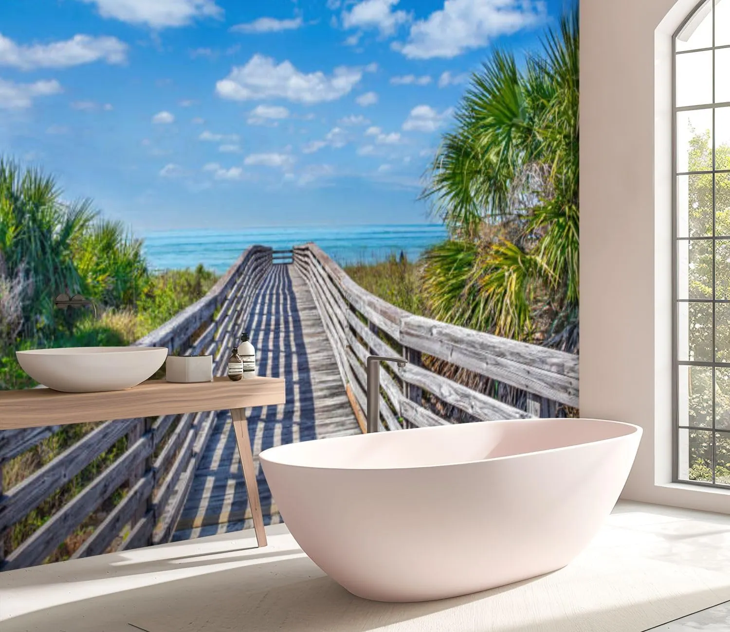 Wall Mural Wooden Boardwalk to Beach Surrounded by Palm Trees Florida Silk Removable Wallpaper 3D Large Wall Mural Sticker Home Decor for Living Room Bedroom 69"x96" (Not Self-Adhesive)